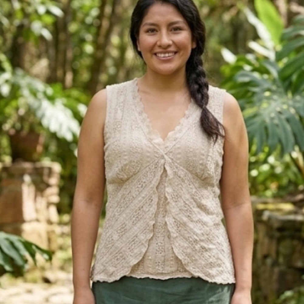 Lace-Detail Sleeveless V-Neck Top in Cream